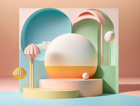 AI generated  abstract minimal geometric forms, podium for product presentation, cream background, simple compositionの素材