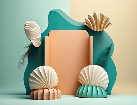 AI generated podium for product display with seashells. Minimalist mock up scene for product presentation.の素材