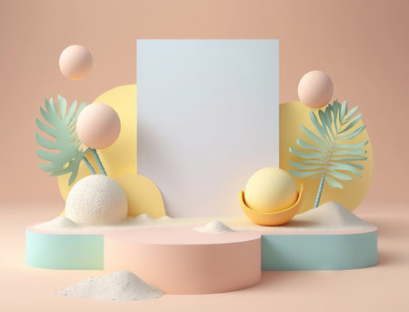 abstract minimal geometric forms, podium for product presentation, cream background, simple compositionの素材