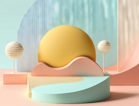 AI generated  abstract minimal geometric forms, podium for product presentation, cream background, simple compositionの素材