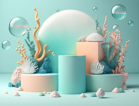 abstract background with geometric shapes, podiums, sea shells and coralsの素材