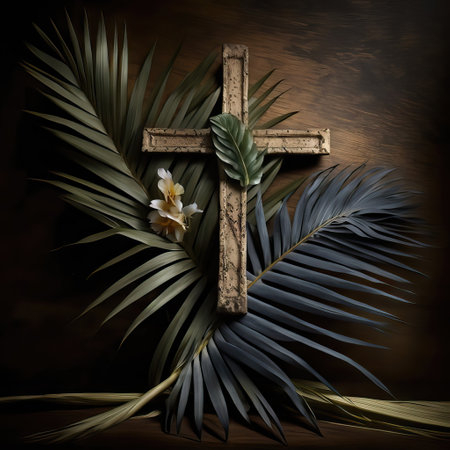 Wooden cross with palm leaves and flowers on a wooden background.の素材