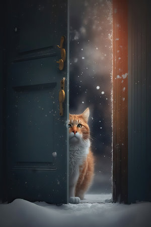 ginger cat in front of a door in winter with snowfallの素材