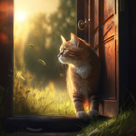 Cute ginger cat in front of the door at sunset. 3D renderingの素材
