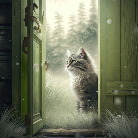 The cat is standing in front of the door. Winter landscape.の素材