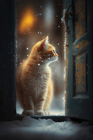 ginger cat in front of the door in winter with snowfallの素材