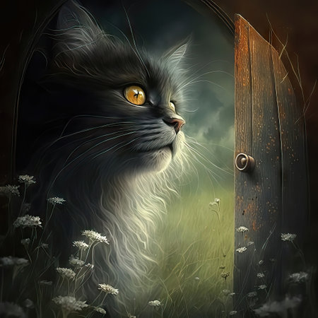 Red cat on the background of a wooden door at sunset in winterの素材