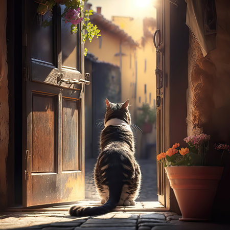 Cute ginger cat on window sill at winter day, closeupの素材