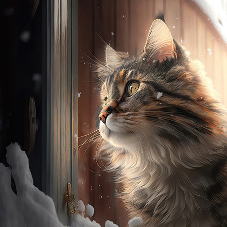 Cute ginger cat standing in front of the door in the snowの素材