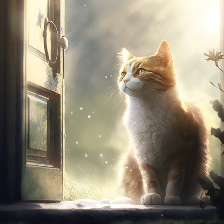 Ginger cat sitting in front of a door at sunset. 3d renderingの素材
