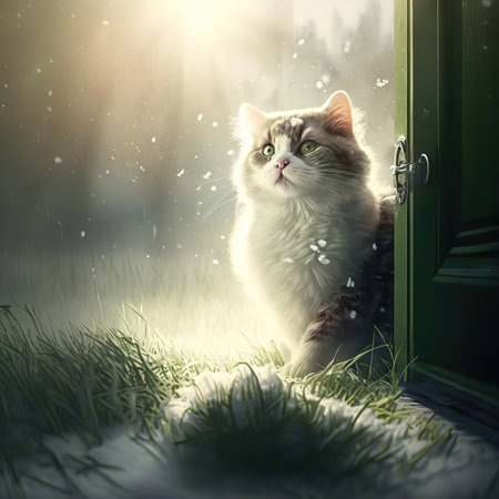 Cute cat looking out the window at the snowfall in winterの素材
