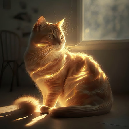 Ginger cat sitting on the floor in the rays of the sunの素材