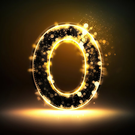 Vector letter O. Glowing font with particles and sparkles.の素材