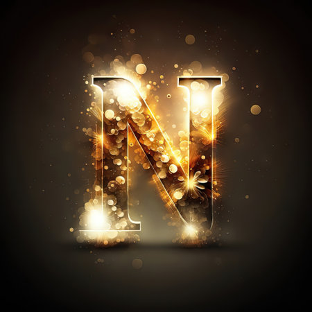 Gold letter N with sparkles and bokeh. Vector illustration.の素材