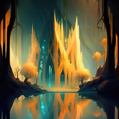 Fantasy landscape with ancient temple in the forest. Vector illustration.の素材