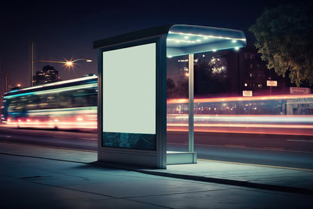 Blank advertising billboard on bus stop at night. 3d renderingの素材