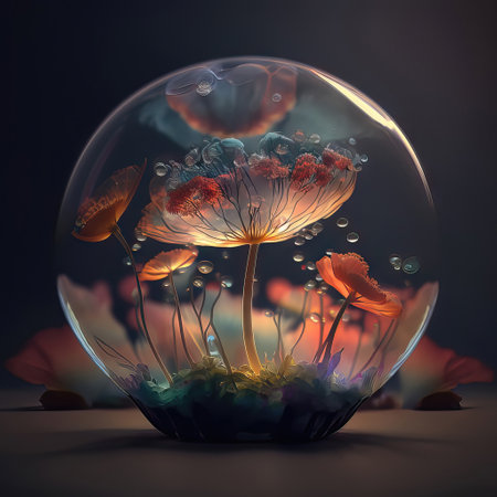 Transparent glass ball with flowers inside, 3d render illustration.の素材