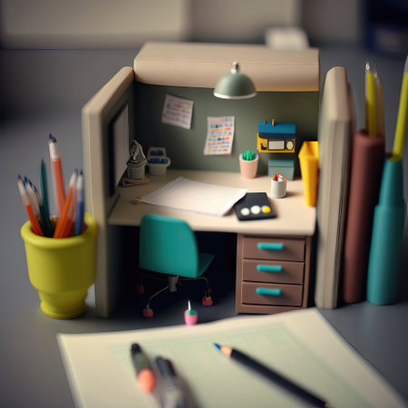 3d illustration of a desk with books, pencils and stationeryの素材