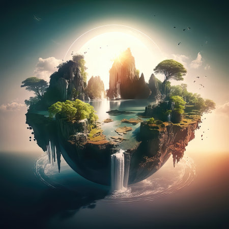 Fantasy landscape with a waterfall in the form of a planet.の素材