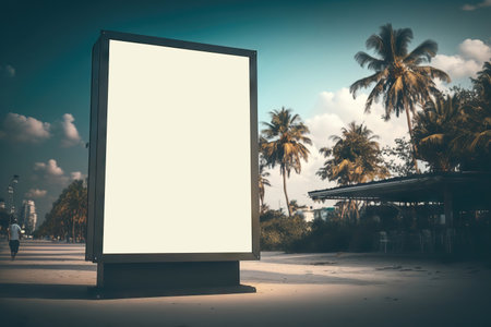 Blank white billboard on the street with palm trees and blue skyの素材