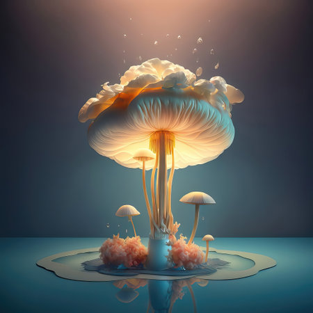 Fantasy mushroom in water on a dark background. 3d renderingの素材