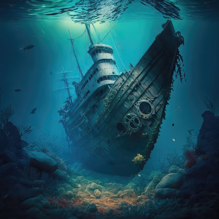 The sunken ship in the deep blue sea.の素材