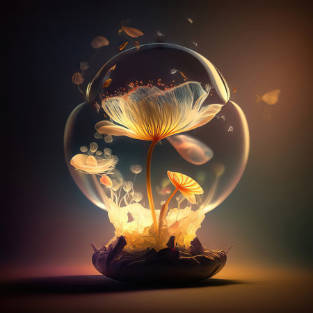Magic crystal ball with magic mushrooms inside. Fantasy magic illustration.の素材