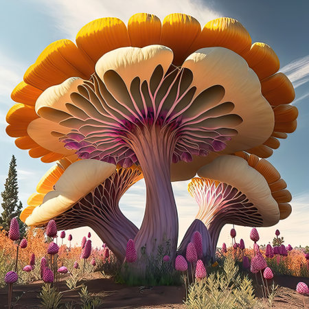 mushroom in the field with flowers in the backgroundの素材