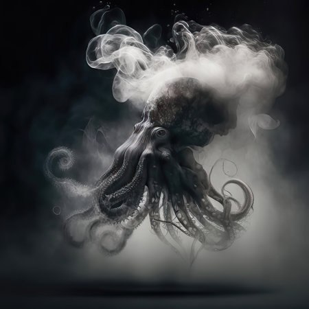 Fantasy octopus in the smoke on a black background.の素材