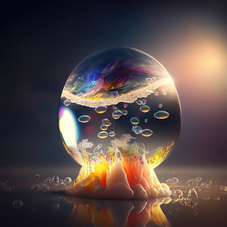 abstract scene with glass ball and colorful bubbles.の素材