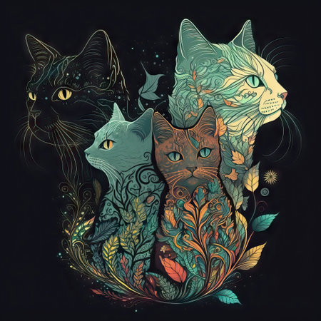Colorful cats with floral ornament on black background. Vector illustration.の素材