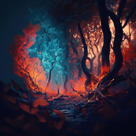 Fantasy forest with fire and smokeの素材