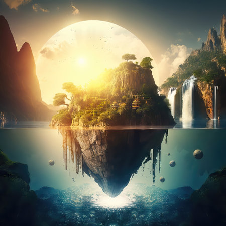 Fantasy landscape with waterfall and full moon.の素材