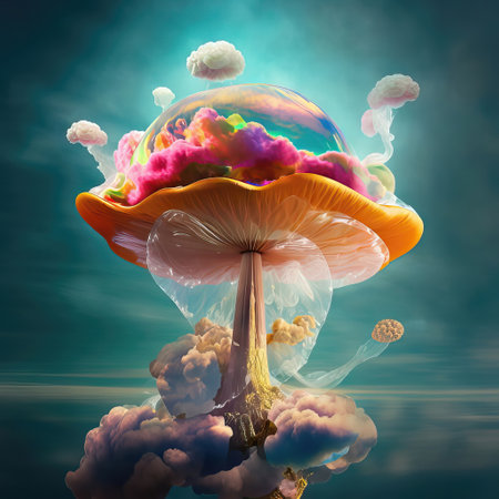 Fantasy mushroom in surreal landscape.  illustration with planet.の素材