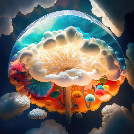 3D Illustration of abstract fantasy landscape with a lot of cloudsの素材