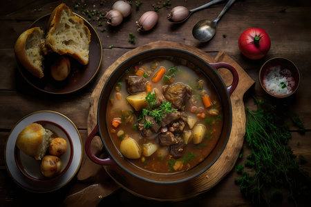 Soup with meat, potatoes and vegetables in a rustic styleの素材