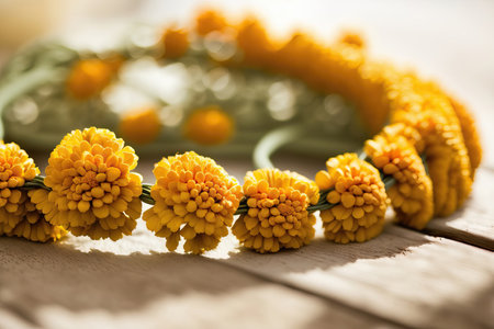Marigold flower garland on white wooden background. Selective focus.の素材