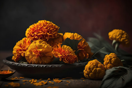 Bouquet of marigold flowers in a clay bowl on a dark background.の素材