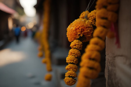 AI generated selective focus bacground with marigold garlands on Indian streetの素材