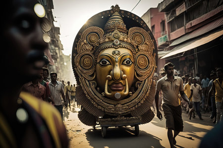 AI generated Traditional balinese wooden carriages decorated with flowers and garlandsの素材