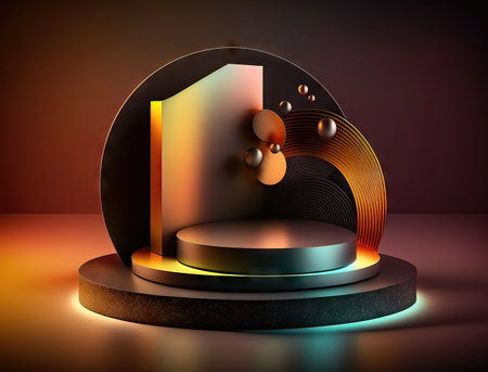 geometric forms. Glossy realistic round podium, pedestal or platform for product presentation.の素材