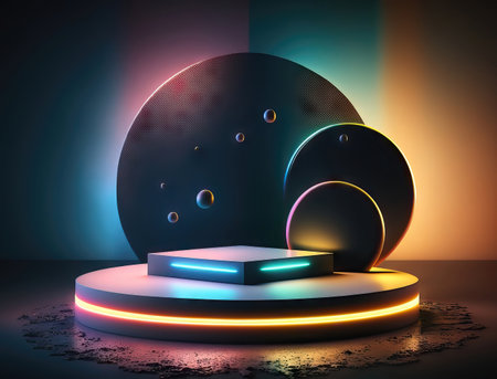 abstract geometric background, round podium in the dark, neon lightの素材