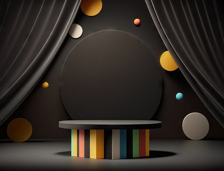 Black podium on a dark background with curtains and ballsの素材