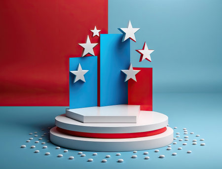 white podium with american flag on blue backgroundの素材