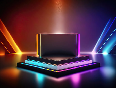 Colorful podium illuminated by neon lights. Award ceremony conceptの素材