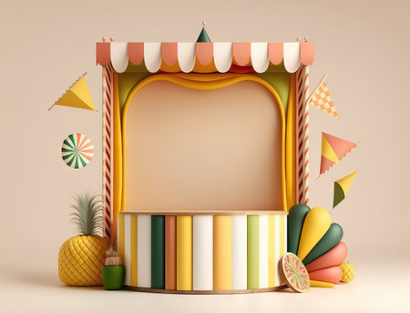 colorful shelves with paper and decorations for kids partyの素材