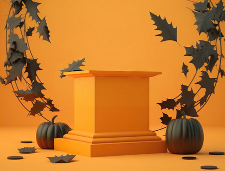 halloween pumpkin podium on orange background.の素材