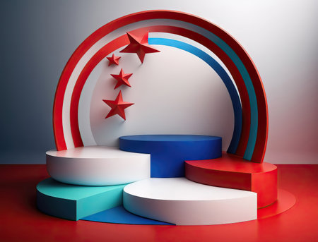 round podium with red and blue stars on the white backgroundの素材