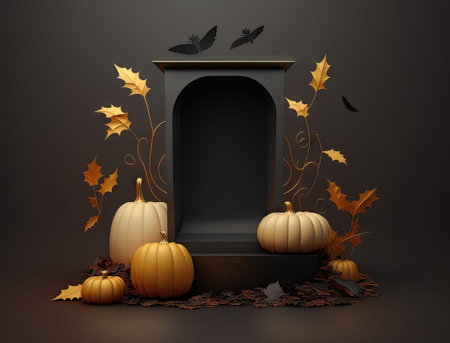 halloween podium with pumpkins and leavesの素材