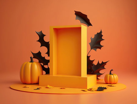 Halloween podium with pumpkins and leaves on orange backgroundの素材